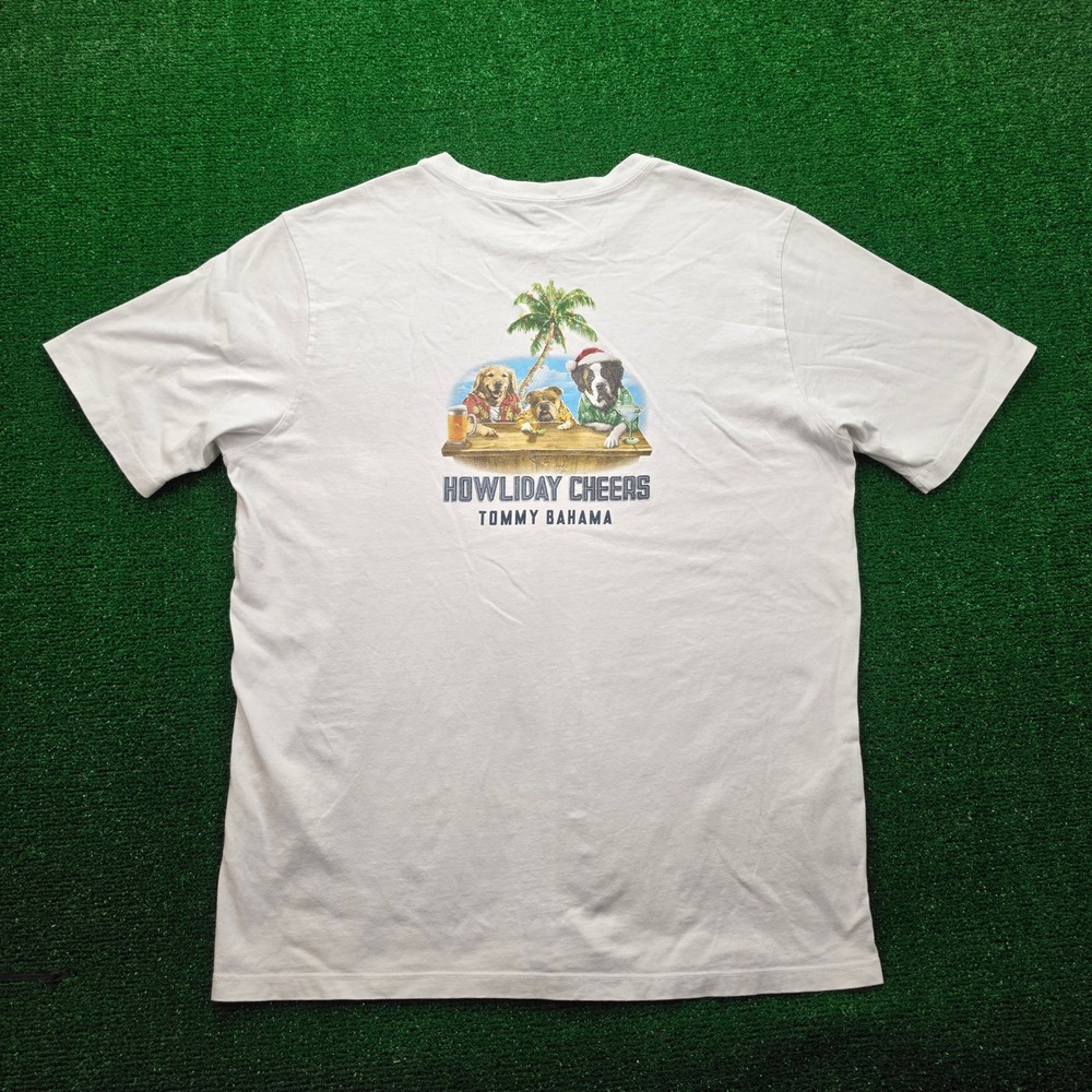 Tommy Bahama Howliday Cheers Dog Graphic Tshirt Mens‎ Large White Summer Casual